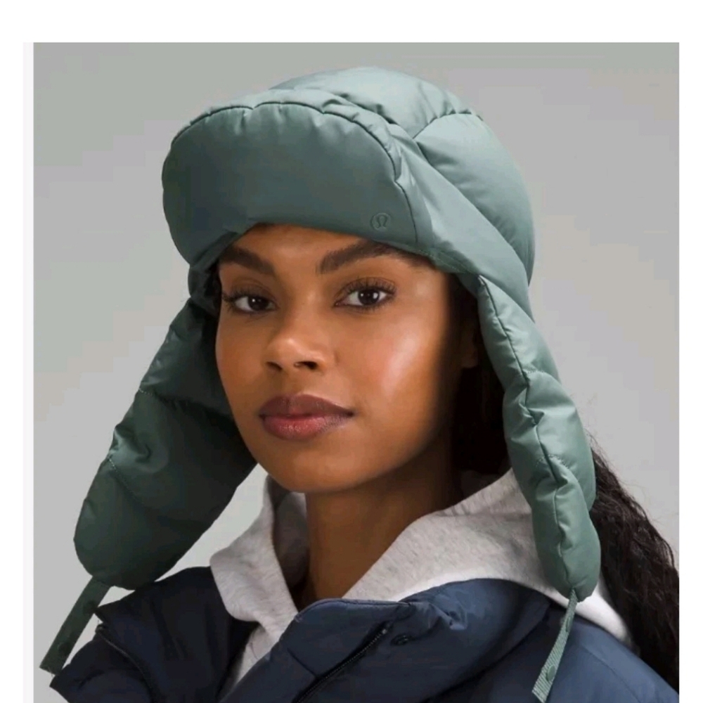 Lululemon Wunder Puff Trapper Hat Unisex Sz M/L Green Down Fill Adjustable